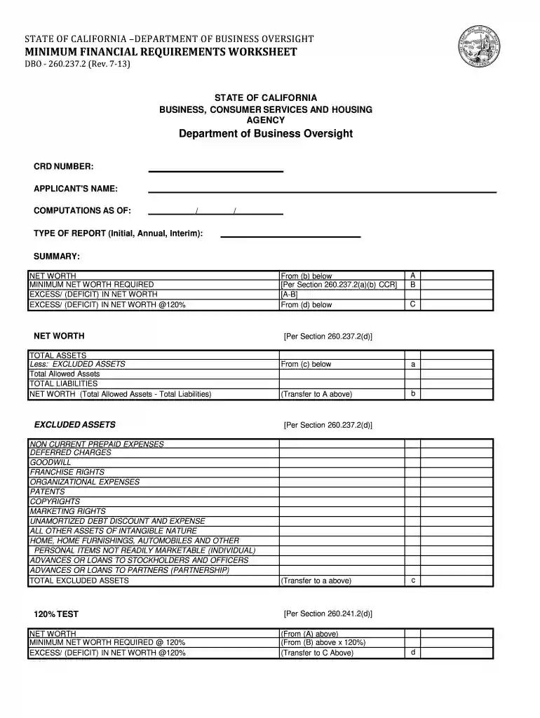 minimum financial requirements worksheet Preview on Page 1