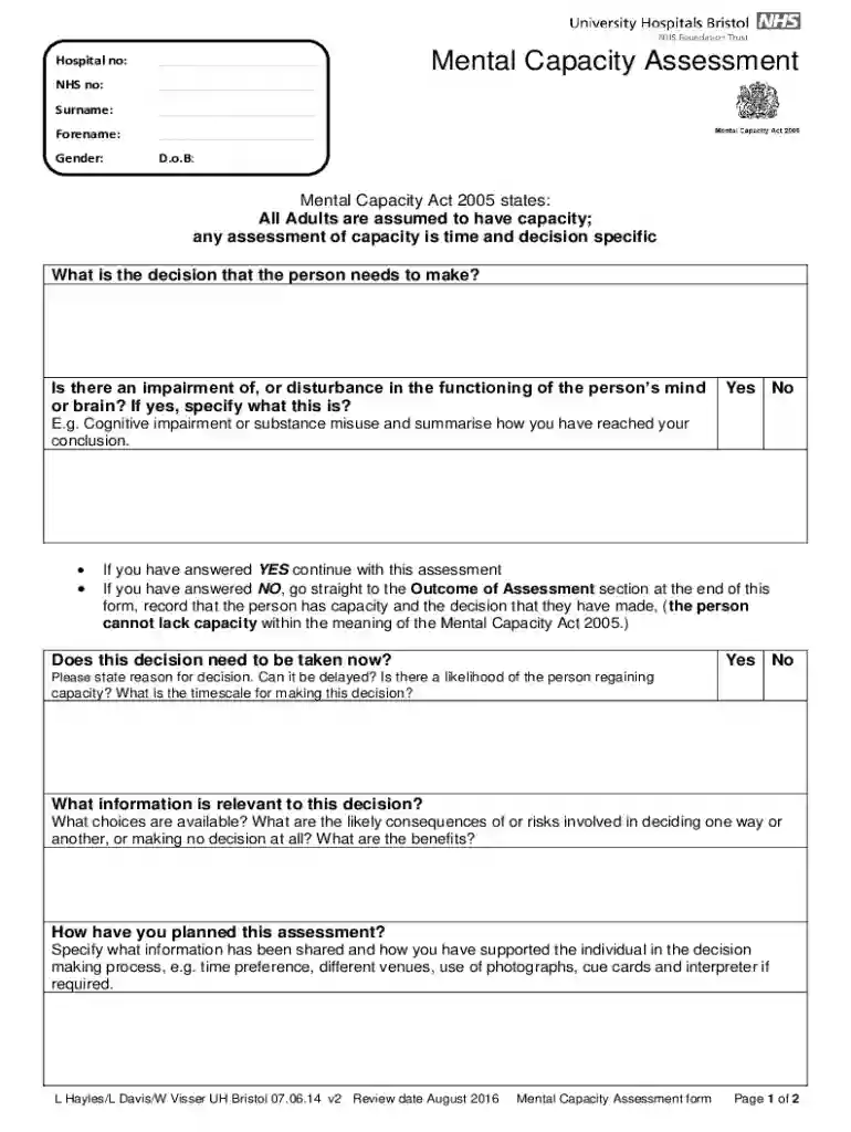 Mental Capacity Assessment Form Preview on Page 1