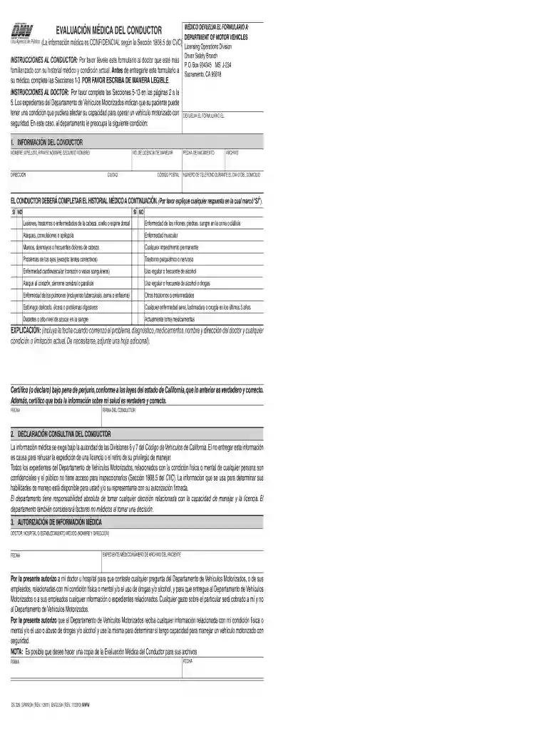 Evaluaci n M dica del Conductor (formulario DS 326) (PDF) Vista previa en la página 1