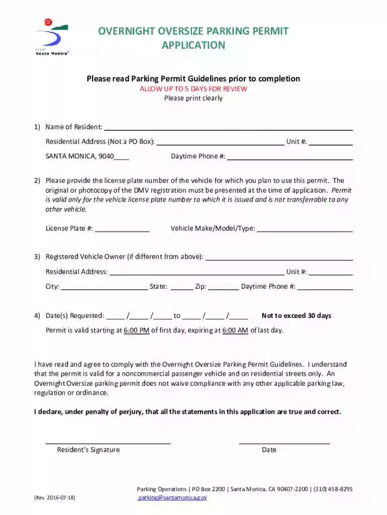 OVERNIGHT OVERSIZE PARKING PERMIT APPLICATION Preview on Page 1