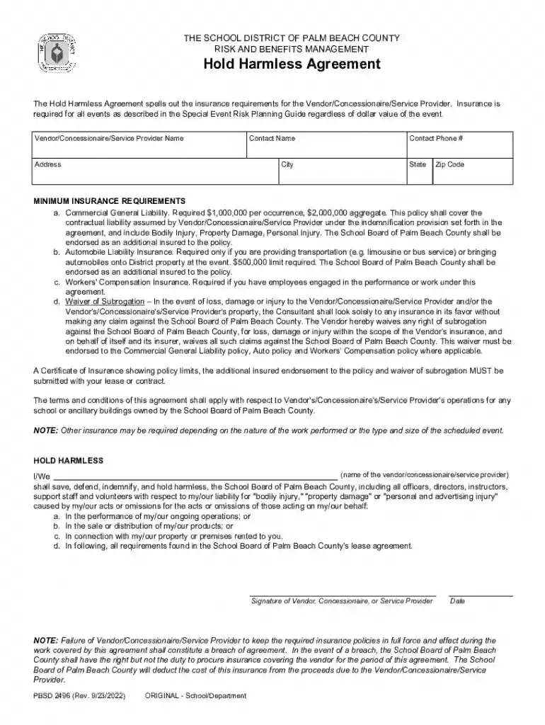 florida hold harmless agreement template Preview on Page 1
