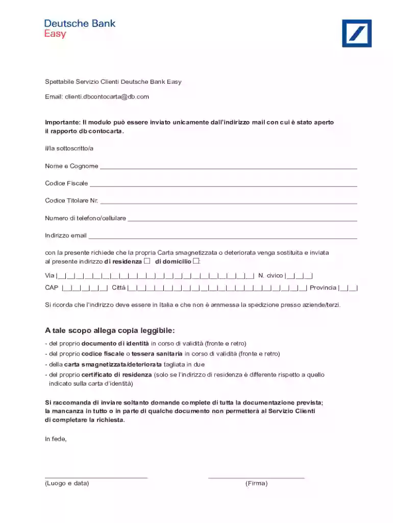 Deutsche Bank Card Replacement Request Preview on Page 1