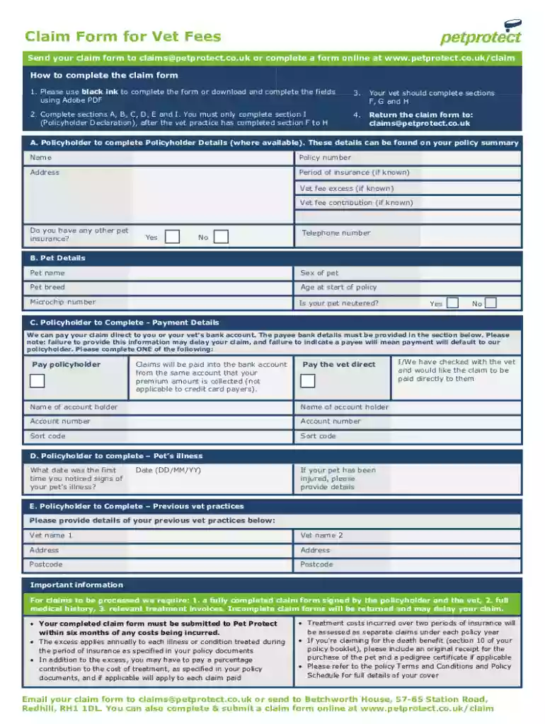 pet claim vet fees form Preview on Page 1