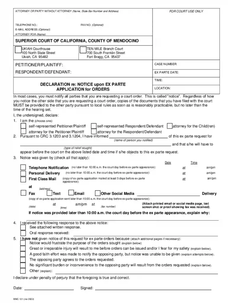 California Ex Parte Application Declaration Preview on Page 1