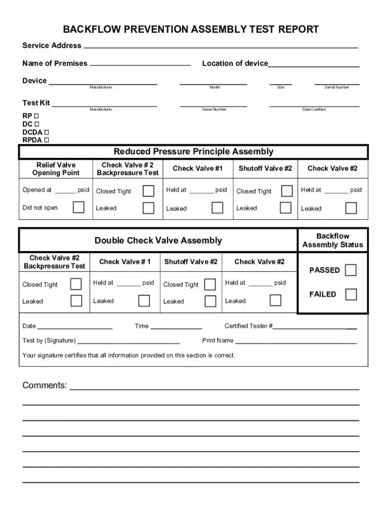 BACKFLOW PREVENTION ASSEMBLY FIELD TEST FORM Preview on Page 1