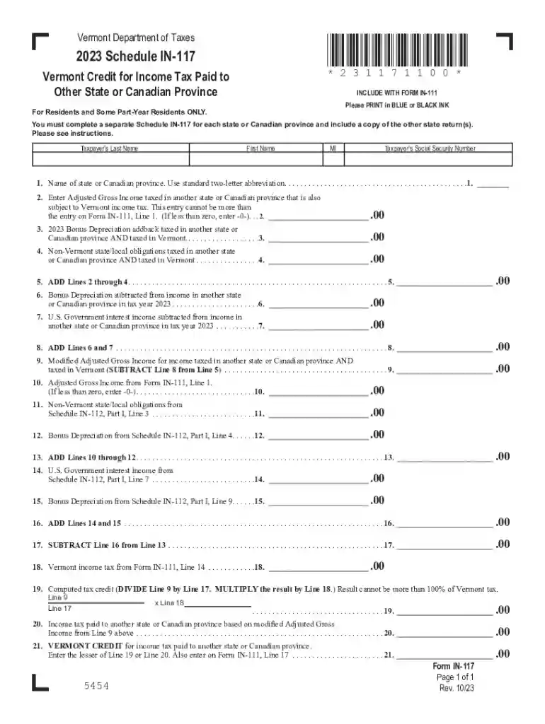 Vermont Schedule IN-117 Preview on Page 1