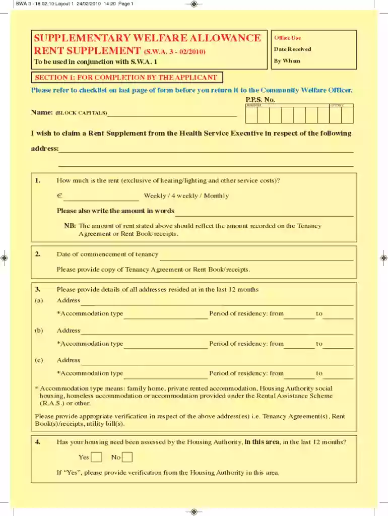 supplementary welfare allowance rent supplement swa 3 - 022010 Preview on Page 1