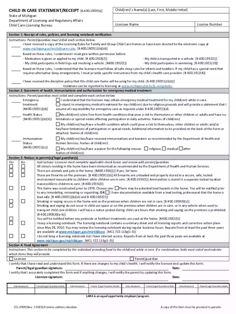 Child in Care Statement Receipt - CCL-3900 - Word Preview on Page 1