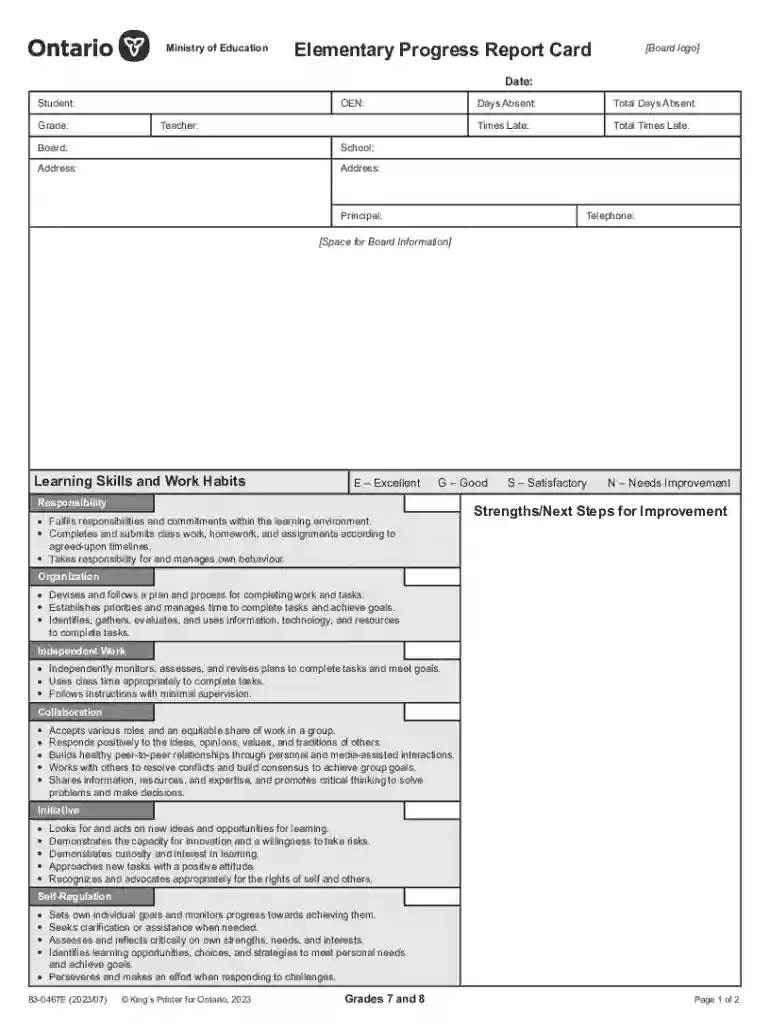 Elementary Progress Report Card, Grades 7 and 8 Public An illustration of the template that schools Preview on Page 1