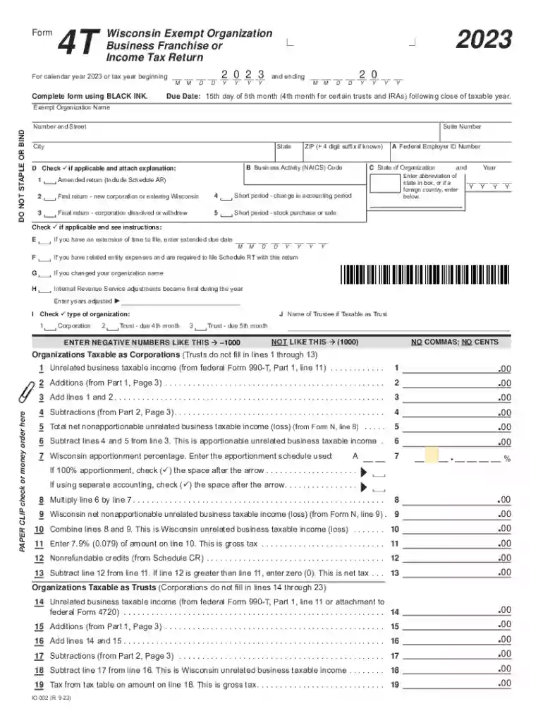 2023 IC-002 Form 4T Wisconsin Exempt Organization Business Franchise or Income Tax Return (fillable) Preview on Page 1
