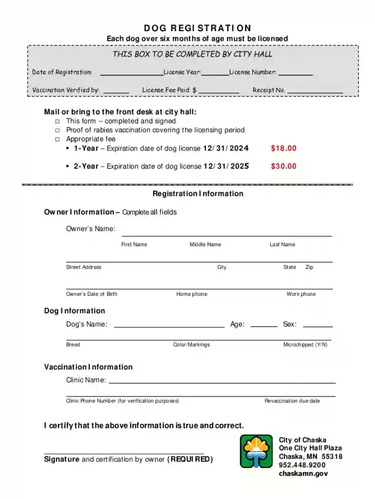 Chaska Dog Registration Form Preview on Page 1