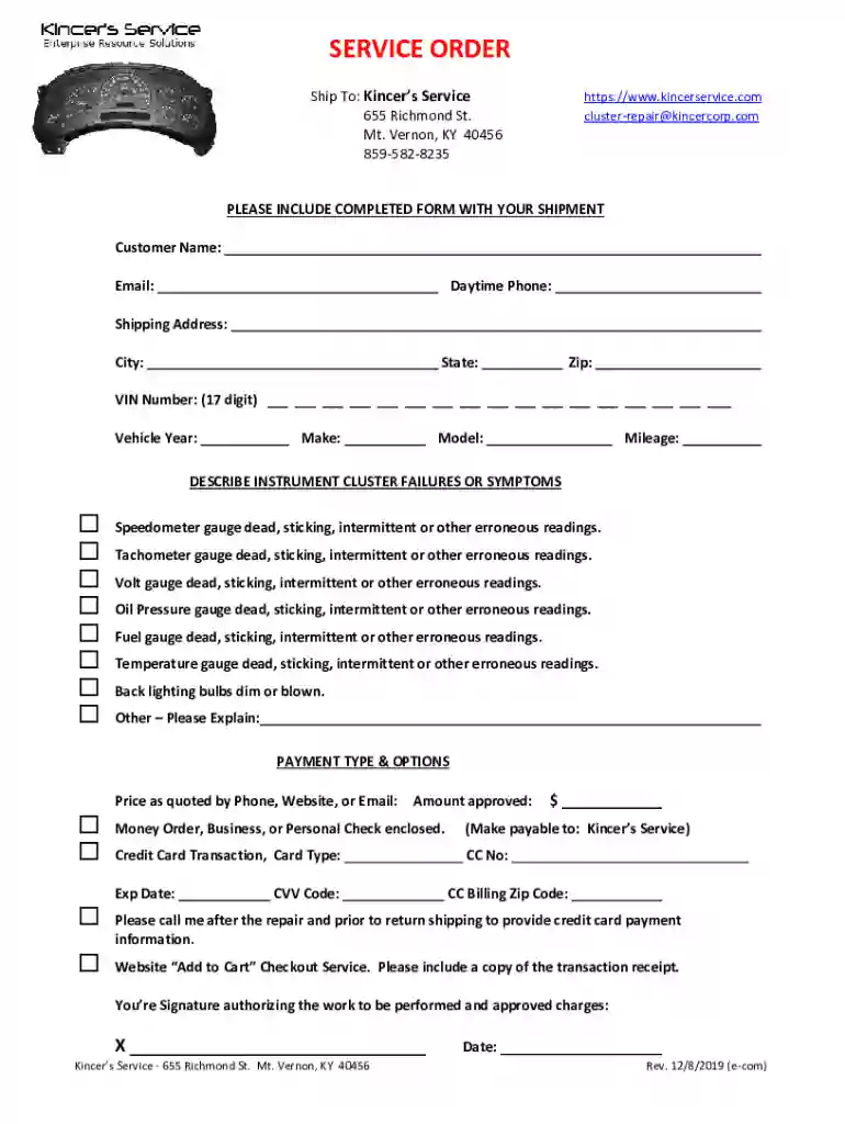 Forms - Kincer's Service Speedometer Shop Preview on Page 1