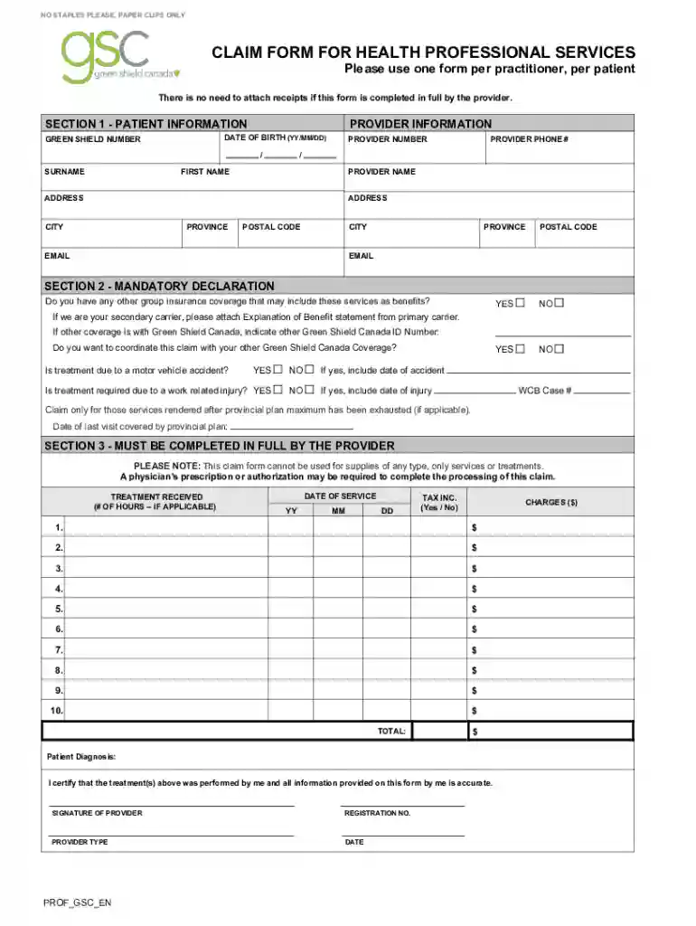CLAIM FORM FOR HEALTH PROFESSIONAL SERVICES Preview on Page 1