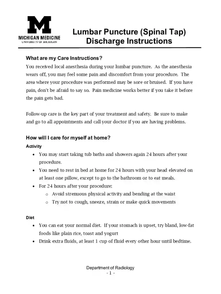 medicine lumbar puncture discharge instructions Preview on Page 1