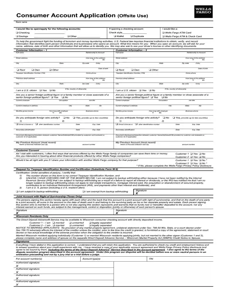 wells fargo consumer account application Preview on Page 1