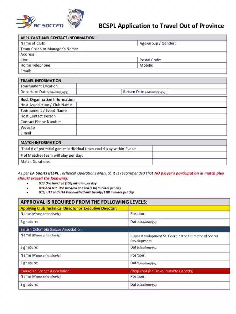 Fillable Online BCSPL Application to Travel Out of Province Fax Preview on Page 1