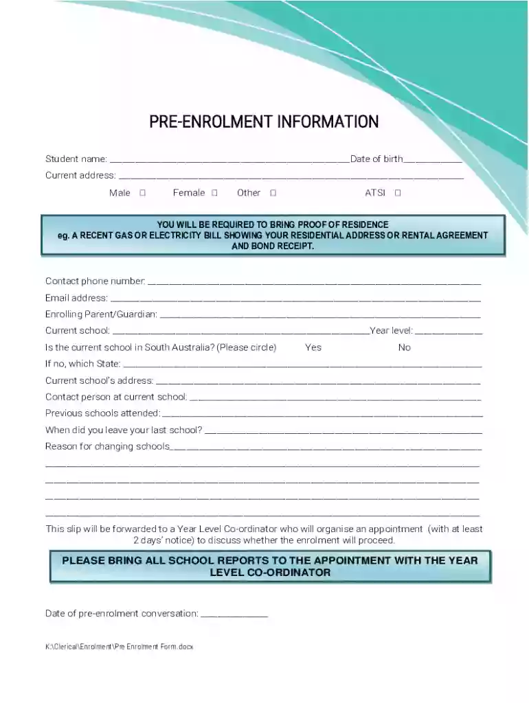 Pre-Enrolment Information Form Preview on Page 1