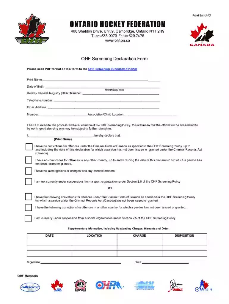 OHF Screening Declaration Form (PDF) Preview on Page 1