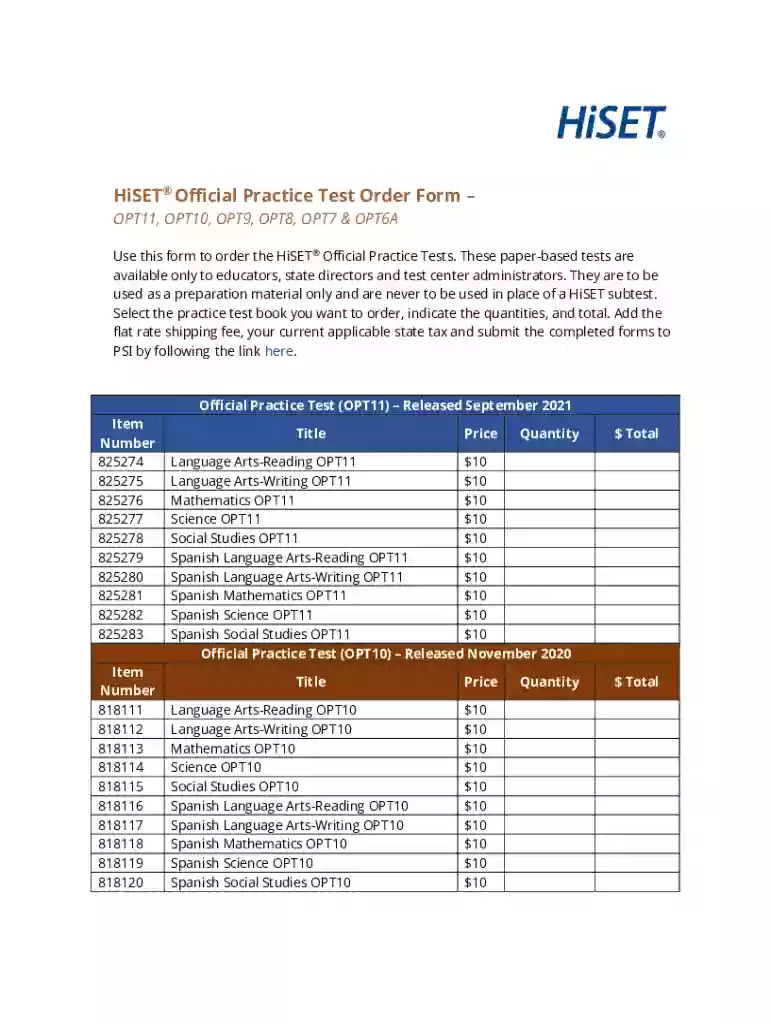 Fillable Online HiSET Official Practice Test Order Preview on Page 1