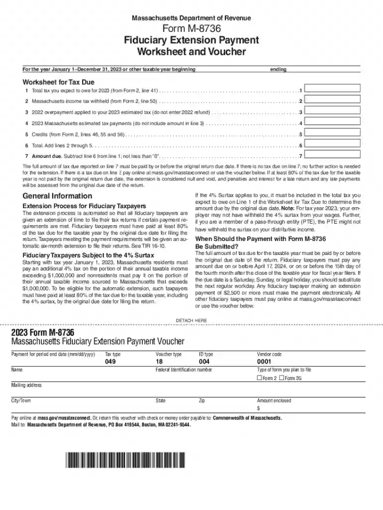 Form M-8736 Fiduciary Extension Payment Worksheet and Voucher Preview on Page 1