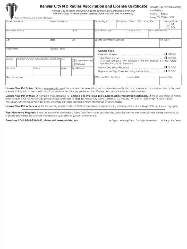 Kansas City MO Rabies Vaccination and License Certificate Preview on Page 1