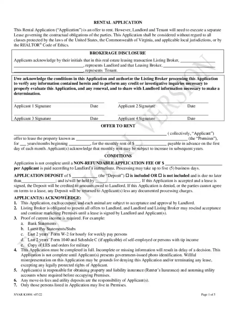 Rental Application NVAR Preview on Page 1