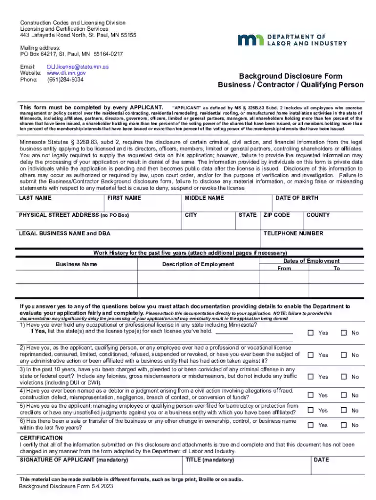 background disclosure form Preview on Page 1
