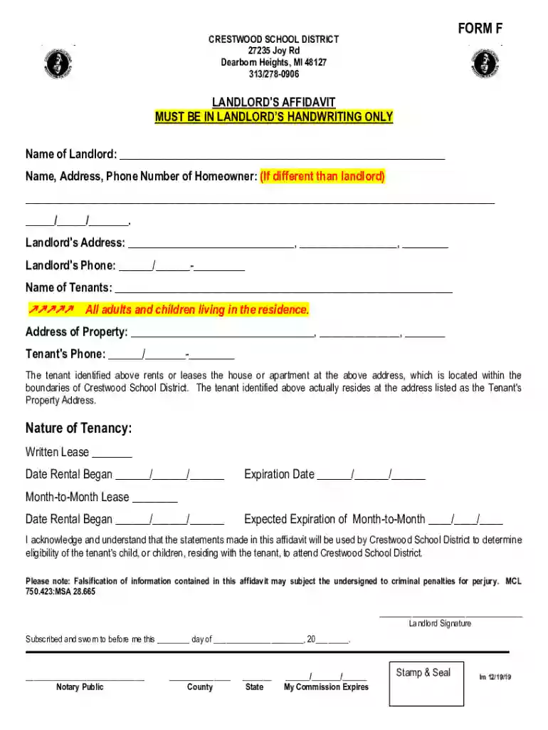 Get Form F Landlord Affidavit - Crestwood School District Preview on Page 1