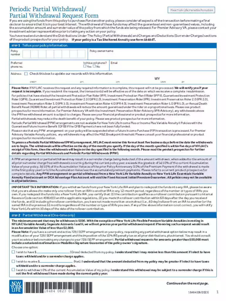Life 18484 Partial Request Form Variable Annuities Get - Fill Preview on Page 1