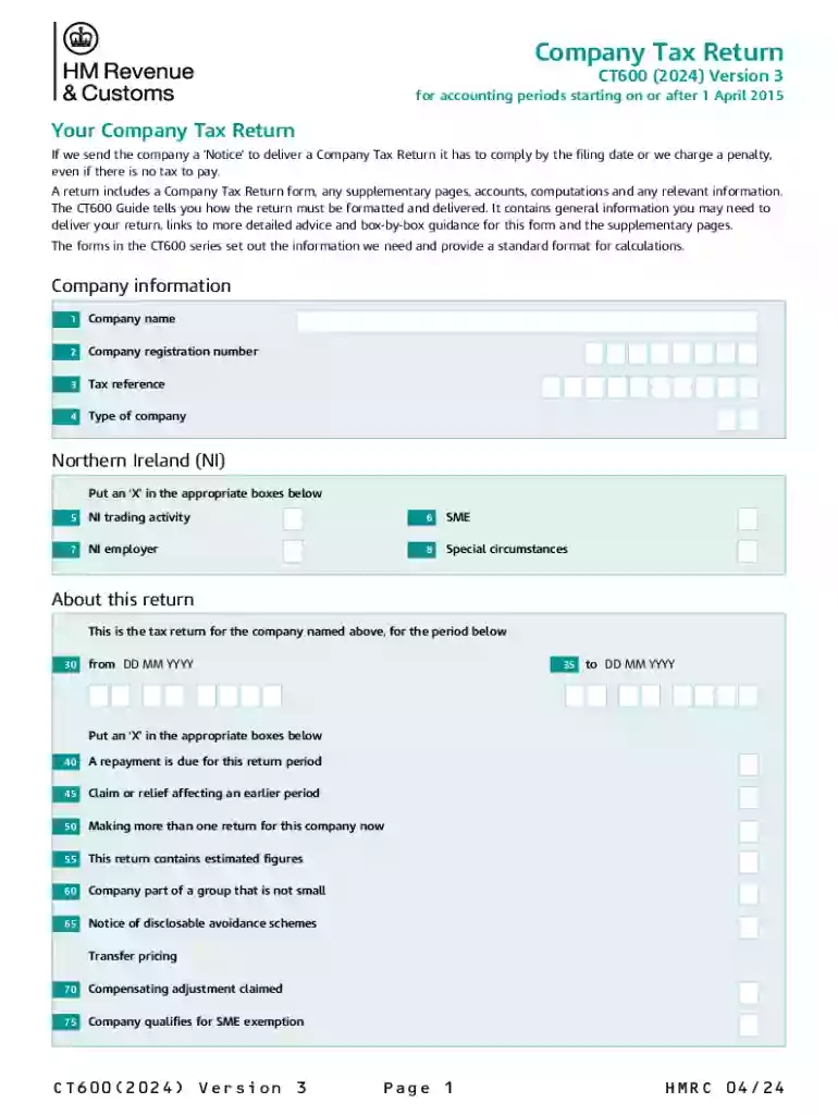 Company Tax Return - CT600 (2024) Version 3 A return includes a Company Tax Return form, any supplem Preview on Page 1