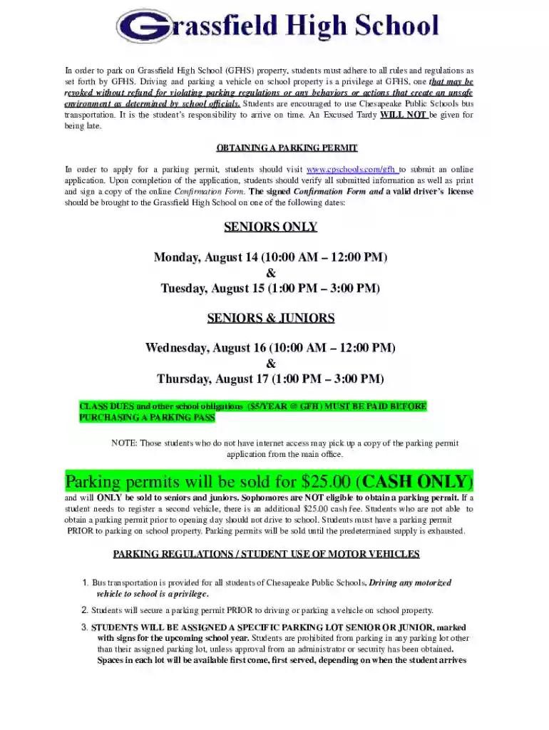 23-24 Parking Pass Regulations and Signature Agreement form Preview on Page 1