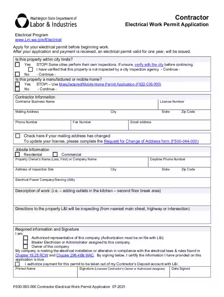 Contractor Electrical Work Permit Application (F500-093-000) Contractor Electrical Work Permit Appli Preview on Page 1