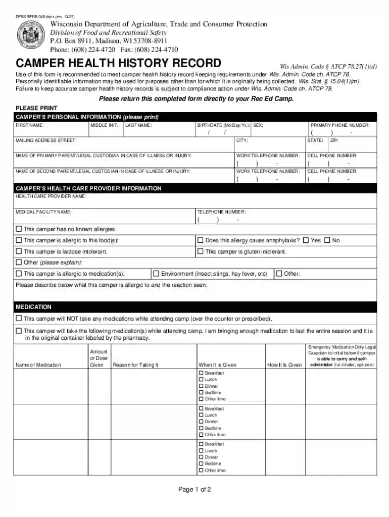 camper health history form Preview on Page 1