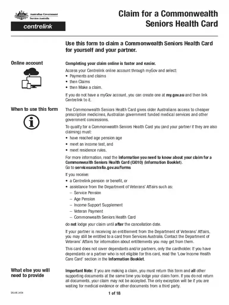 Claim for a Commonwealth Seniors Health Card Preview on Page 1
