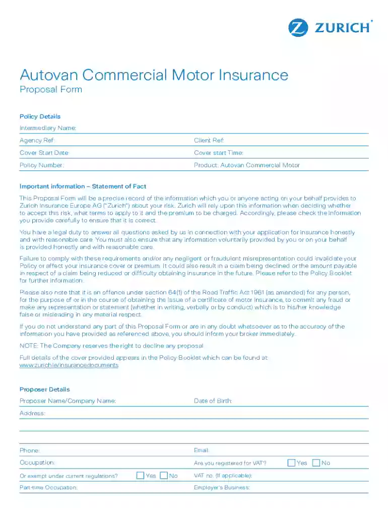 Commercial Vehicles Package Policy Proposal Form Preview on Page 1