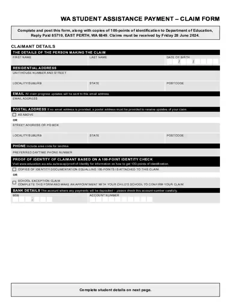 WA Student Assistance Payment - claim form Preview on Page 1
