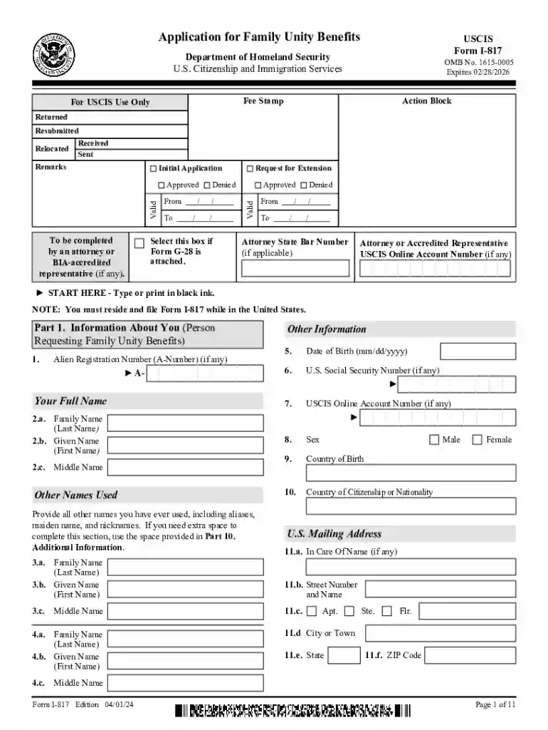 Form I-817, Application for Family Unity Benefits Application for Family Unity Benefits Preview on Page 1