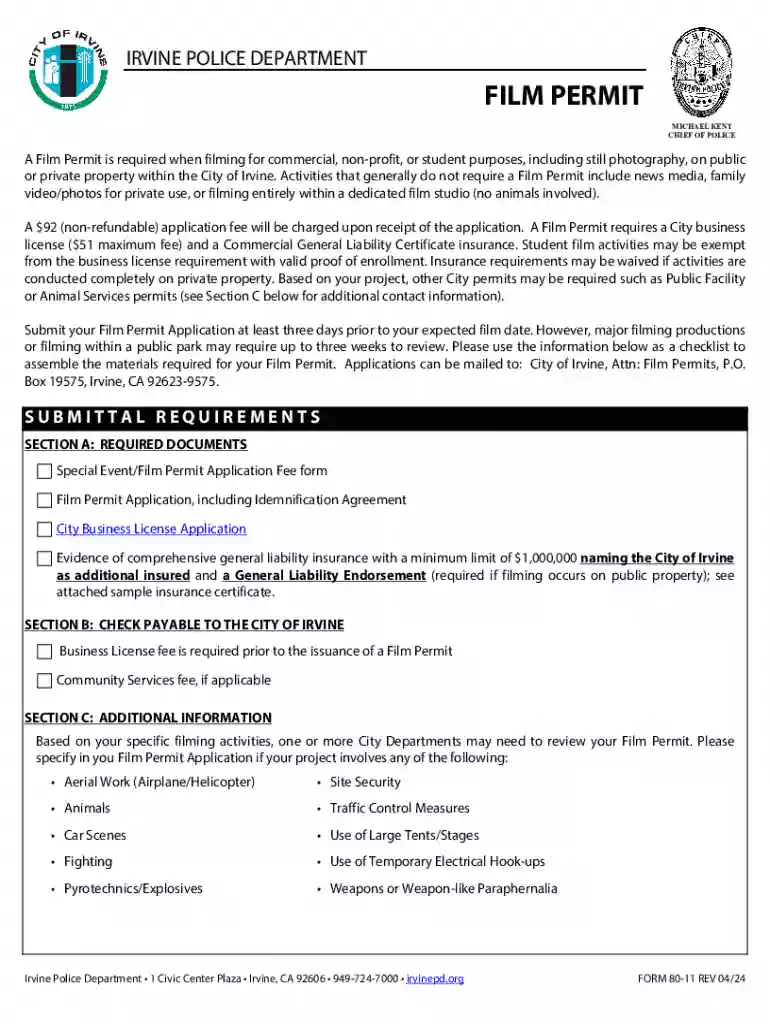 Irvine Film Permit Application Preview on Page 1