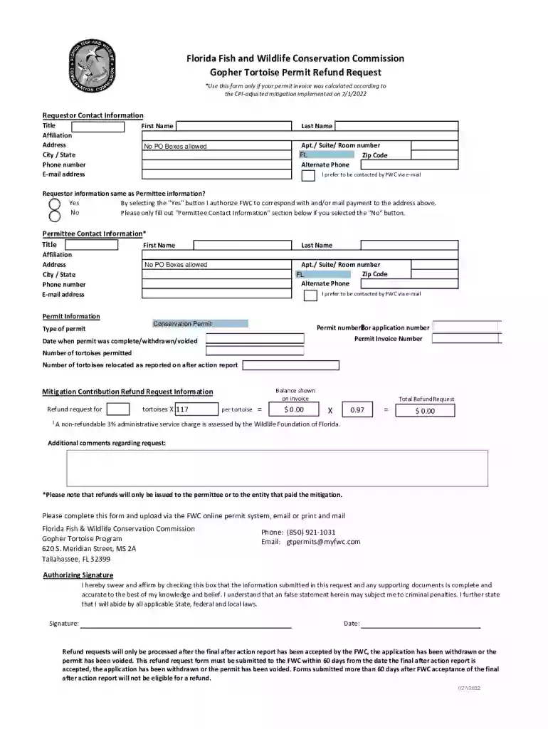 Gopher Tortoise Permit Refund Request Form 2022 Preview on Page 1
