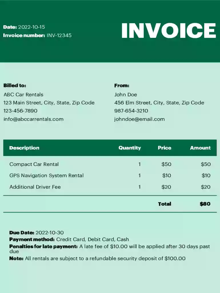 Car Rental Invoice Template Preview on Page 1