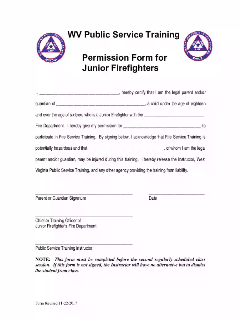 WV Public Service Training Permission Form for Junior Preview on Page 1