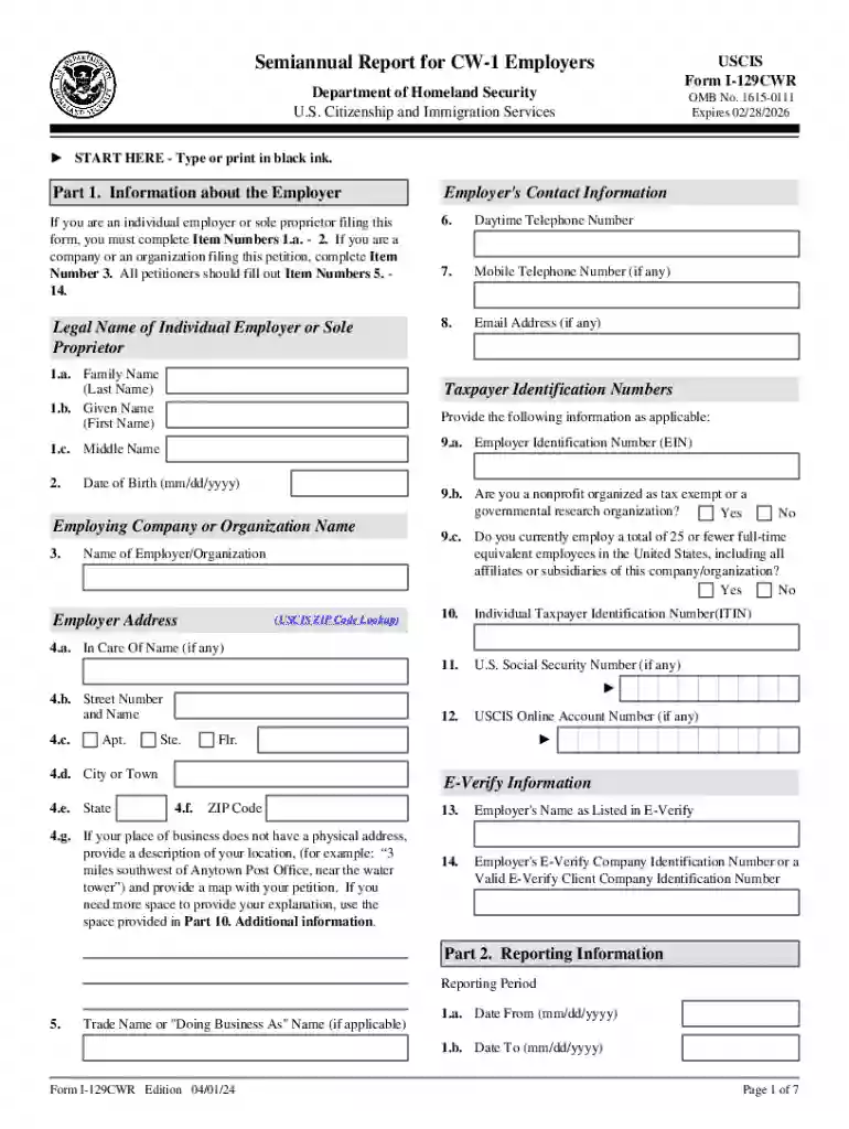 Form I-129CWR, Semiannual Report for CW-1 Employers Preview on Page 1