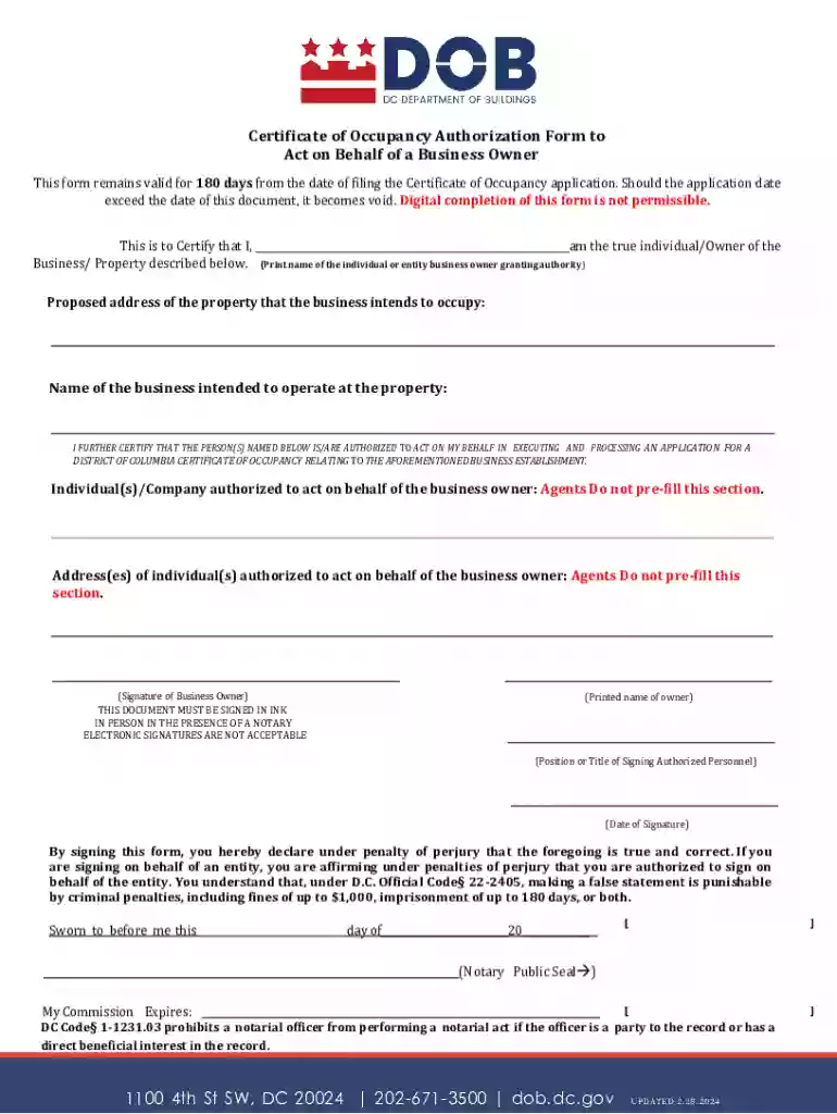 Certificate of Occupancy Authorization Form Preview on Page 1