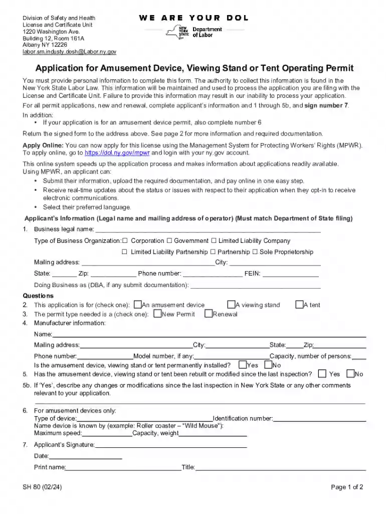 Application for Amusement Device, Viewing Stand or Tent Operating Permit (SH80) Preview on Page 1