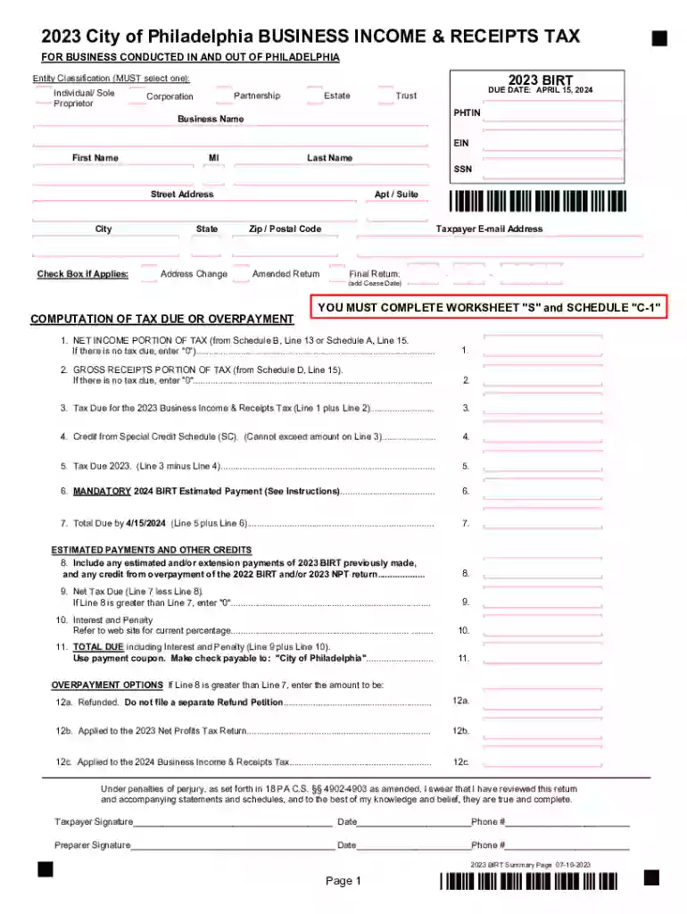 2023 City of Philadelphia BUSINESS INCOME and RECEIPTS TAX Preview on Page 1
