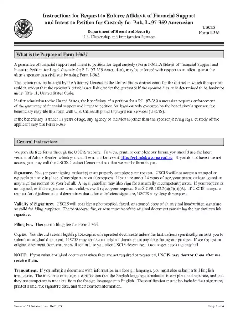 Instructions for Form I-363, Request to Enforce Affidavit of Preview on Page 1