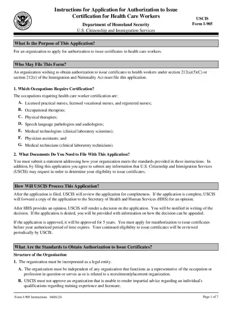 Form I-905, Instructions for Application for Authorization to Preview on Page 1