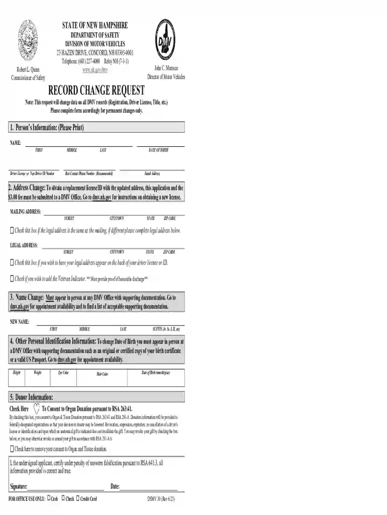 New Hampshire Record Change Request Form Preview on Page 1