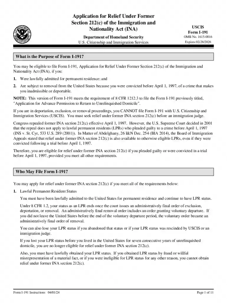 Form I-191 Application for Relief under Former Section 212 Preview on Page 1