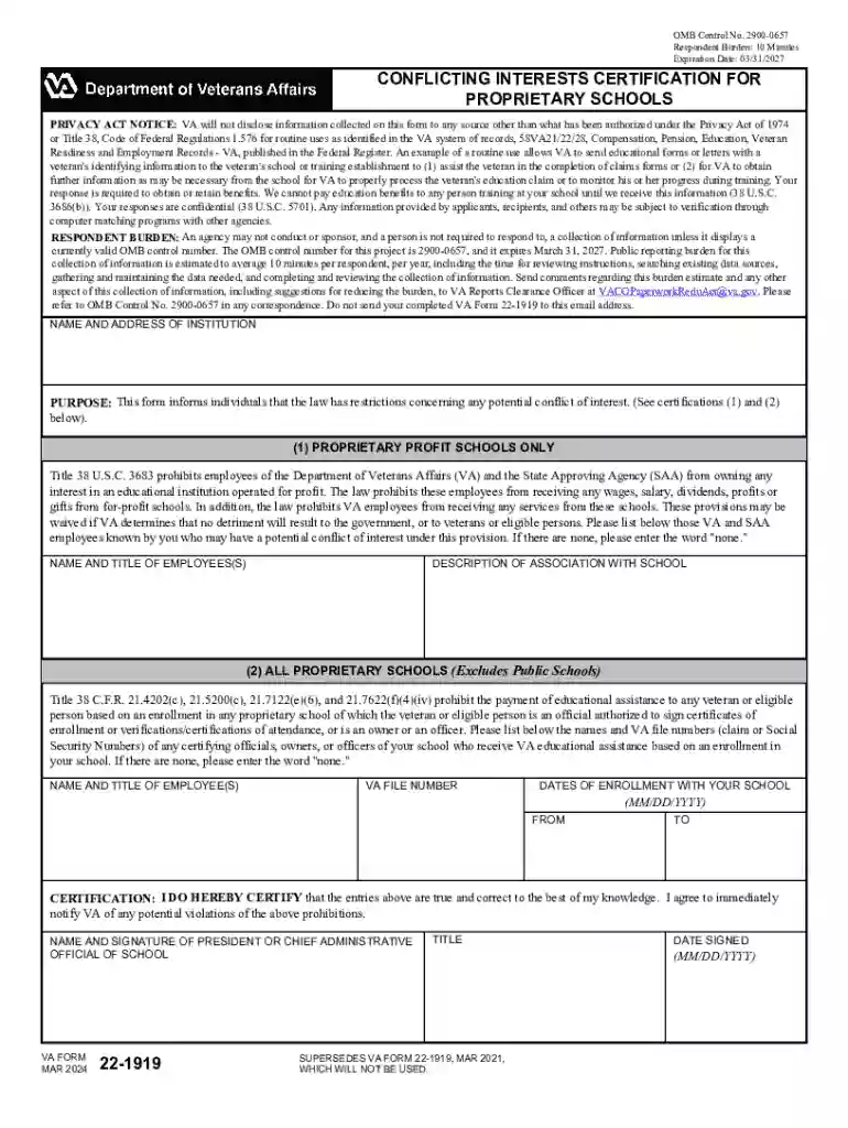 VA Form 22-1919 Conflicting Interests Certification for Proprietary Schools Preview on Page 1